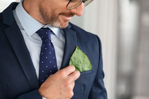 business man keeping a green leaf in the pocket