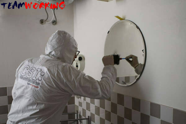 A team collecting evidence at a staged crime scene with forensic kits