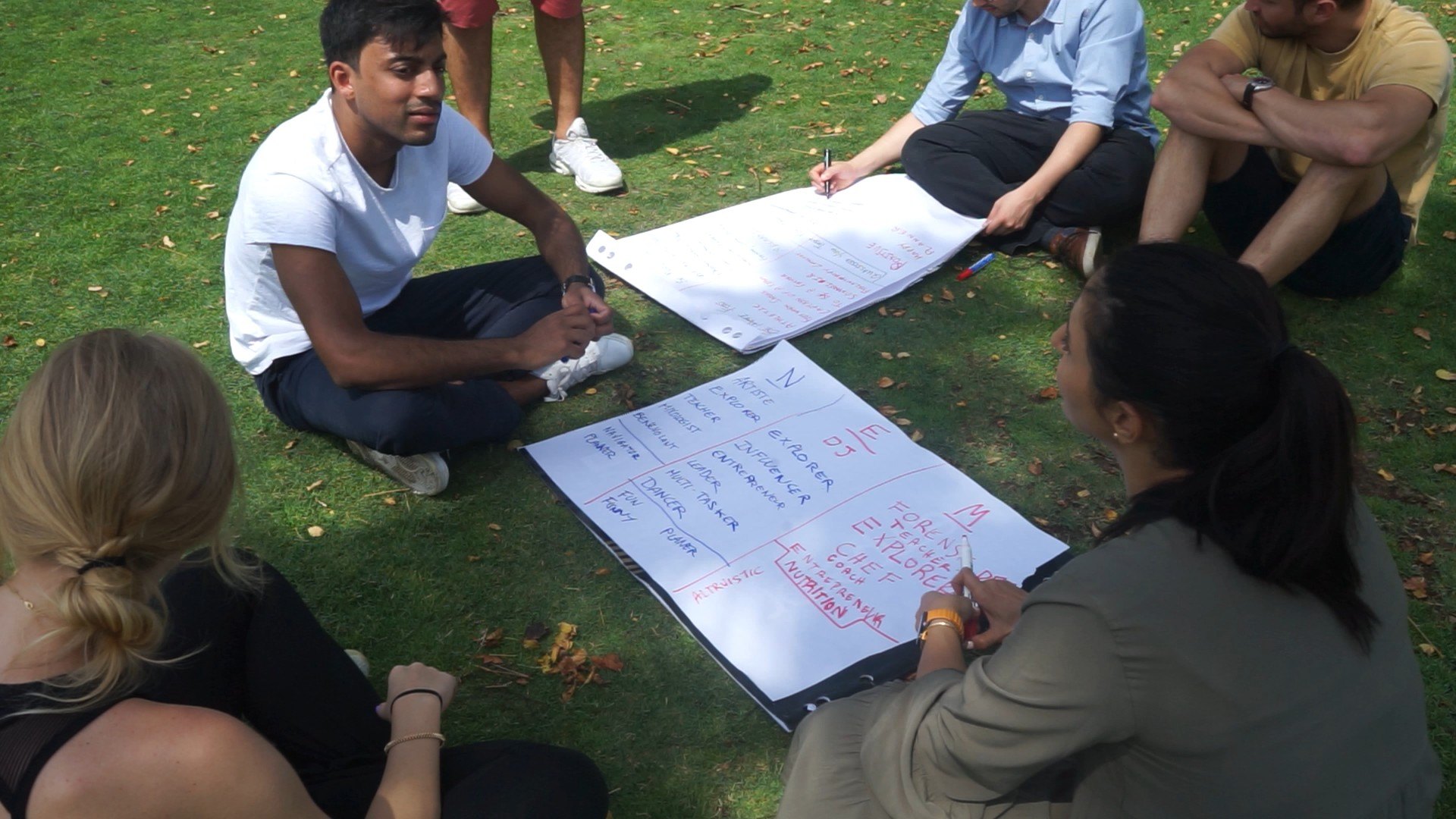 A team working on flipcharts outdoors on the grass